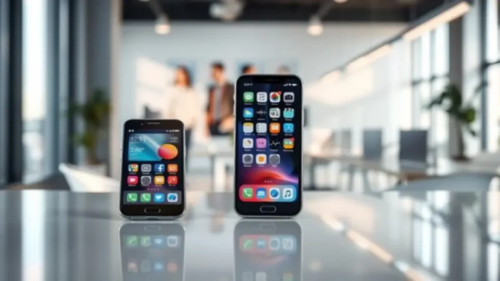 Uma-vibrante-imagem-em-tela-dividida-que-ilustra-a-compatibilidade-entre-dispositivos-Android-e-iPhone
