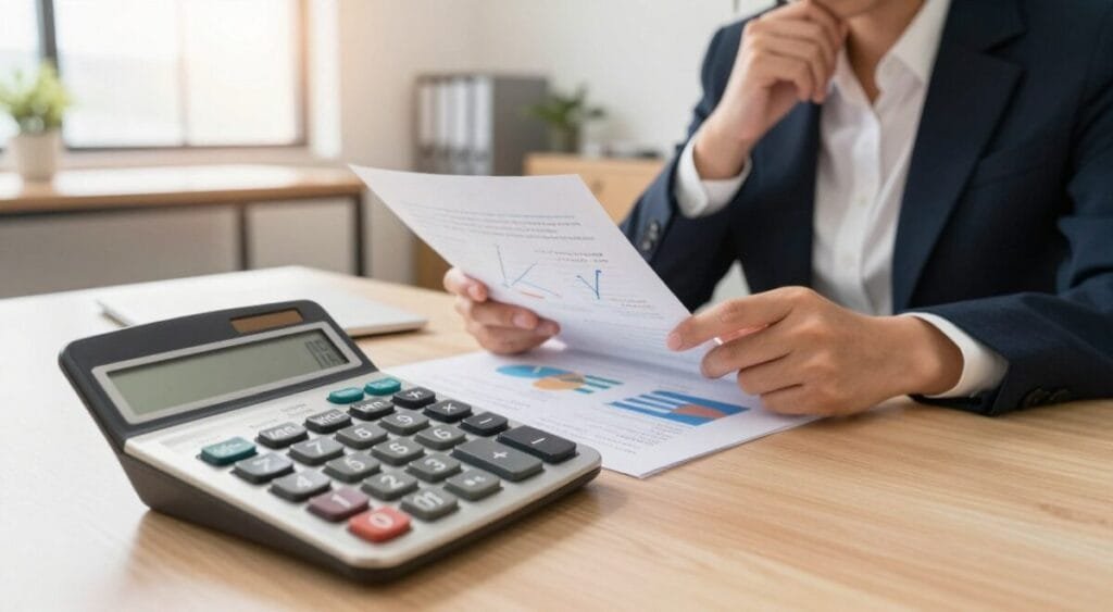 A clear and informative illustration depicting the concept of calculating savings through credit portability. In the foreground, a modern calculator with visible buttons displaying numbers and formulas, symbolizing financial calculations. The middle ground features a thoughtful business professional wearing smart attire, closely analyzing a document with charts and graphs representing interest rates and savings. In the background, a soft-focus view of an elegant office space with a stylish desk and a large window allowing natural light to flood the room, creating a bright and optimistic atmosphere. The lighting is warm and inviting, emphasizing a positive mood as the professional engages deeply with the task of calculating potential savings in credit portability.