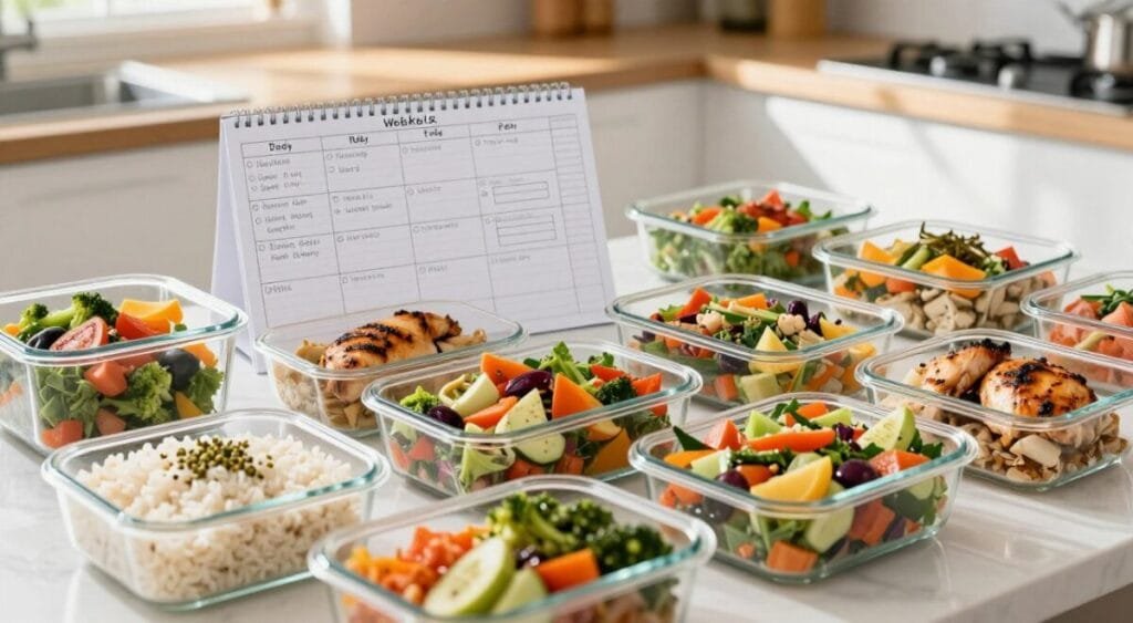 A colorful and diverse meal prep display featuring a variety of nutritious, home-cooked dishes arranged neatly in clear glass containers. In the foreground, show a selection of rice, grilled chicken, sautéed vegetables, and a fresh salad, highlighting vibrant colors. In the middle, include a weekly meal planning chart with handwritten notes for each day, emphasizing organization and variety. In the background, incorporate a tidy kitchen setting with natural light streaming in, casting soft shadows. Use a slightly elevated angle to capture the entire layout, creating an inviting and warm atmosphere that reflects careful planning and a commitment to reducing waste. The focus should be on healthy meals, showcasing the appealing presentation of each dish, without any text or clutter.