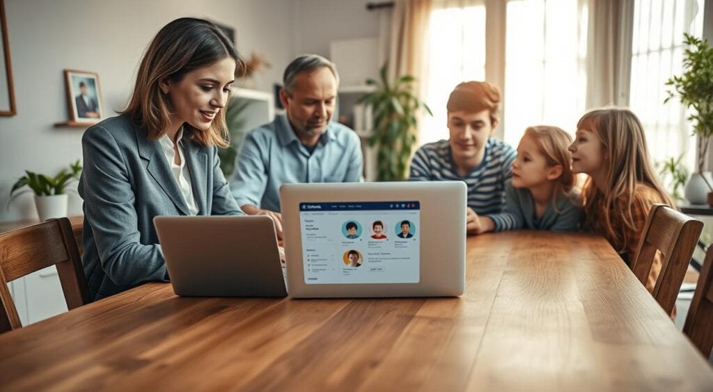 A family gathered around a wooden dining table, deeply engaged in a discussion about selecting an additional credit card user. In the foreground, a mother and father, both in modest business attire, are looking thoughtfully at a laptop displaying family profiles. The middle ground shows a teenage son and daughter, dressed in casual but tidy clothing, sharing their opinions enthusiastically. In the background, soft natural light filters through a large window, casting a warm glow on houseplants and family photos, creating a cozy atmosphere. The camera angle captures the scene from a slight elevation, emphasizing their collaboration while ensuring everyone's expressions reflect consideration and teamwork, highlighting the importance of choosing the right family member for a credit card.