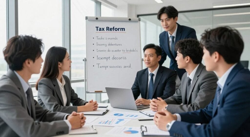 A professional business environment showcasing the impact of tax reforms on exempt securities. The foreground features a diverse group of professionals in business attire engaged in a discussion, with charts and graphs representing financial data on a table among them. In the middle ground, a whiteboard displays bullet points related to the tax reform and its effects on incentive debentures. The background includes a modern office with large windows allowing natural light to spill in, creating a bright, optimistic atmosphere. The angle is slightly elevated, providing a comprehensive view of the dynamic interaction among the participants. The mood is serious yet hopeful, emphasizing collaboration and strategic planning.