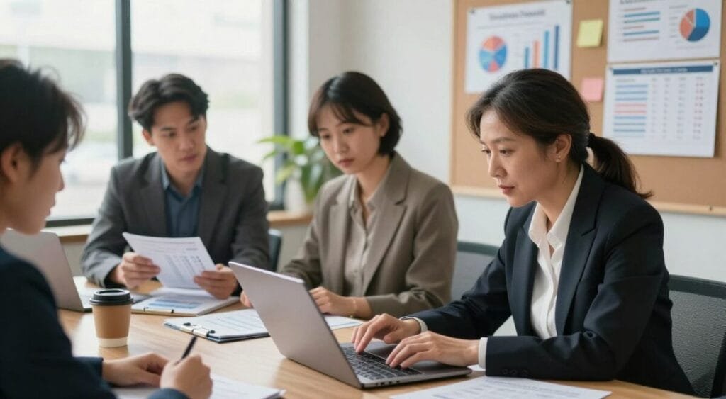 A professional office setting featuring a diverse group of individuals engaged in discussions about financial aspects of platforms for text translation and audio transcription. In the foreground, a middle-aged woman in a business suit is analyzing a spreadsheet on a laptop, with focused expressions. The middle layer depicts two colleagues—one man and one woman—glancing at a notepad filled with calculations, surrounded by coffee cups and notepads. The background showcases a large window with soft, natural light filtering through, illuminating charts and graphs pinned to a board that illustrate platform costs and commissions. The atmosphere is collaborative and analytical, reflecting a sense of urgency and professionalism in a modern workspace.