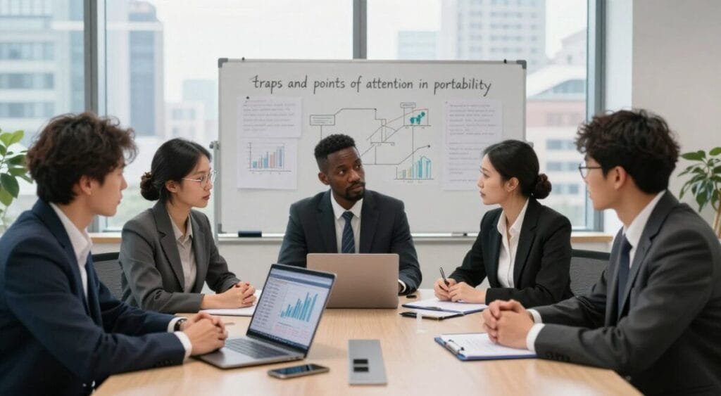 A professional office setting where a group of three diverse individuals, dressed in smart business attire, is engaged in a discussion around a large round table. In the foreground, an open laptop displays financial graphs and data, symbolizing credit portability. The middle ground showcases a whiteboard filled with notes and diagrams related to "traps and points of attention in portability." In the background, a large window reveals a bustling urban landscape under soft, natural lighting, creating an atmosphere of focus and urgency. The mood is serious yet collaborative, highlighting the importance of understanding the pitfalls in credit portability. Use a balanced composition with a wide-angle lens to capture the intensity of the discussion.