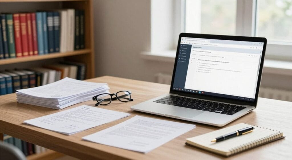 A professional translator's workspace showcasing a certified translation of documents. In the foreground, an elegant desk with a laptop open, displaying a translation software interface, surrounded by a stack of papers with official stamps and signatures. A pair of glasses rests beside a neatly organized notepad and a fountain pen, signifying meticulous attention to detail. In the middle ground, a bookshelf filled with dictionaries and multilingual reference books, reflecting expertise in various languages. The background features a soft-lit window allowing natural light to flood in, creating a warm and inviting atmosphere. The overall mood is one of professionalism and dedication, highlighting the significance of sworn translations in the field of language services.