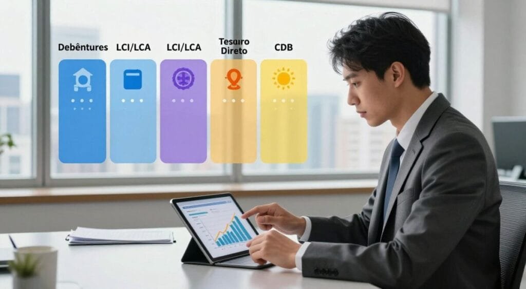A shiny office setting illuminated by soft natural light filtering through large windows. In the foreground, a professional-looking financial analyst, dressed in a smart business suit, is analyzing charts and graphs displayed on a sleek tablet. The middle section features a visual comparison of various fixed income investment titles, such as Debêntures, LCI/LCA, Tesouro Direto, and CDB, each represented with distinct icons and vibrant colors for clarity. The background includes a blurred view of city skyscrapers, symbolizing economic growth and stability. The overall mood is focused and analytical, creating an atmosphere of informed decision-making and financial professionalism.