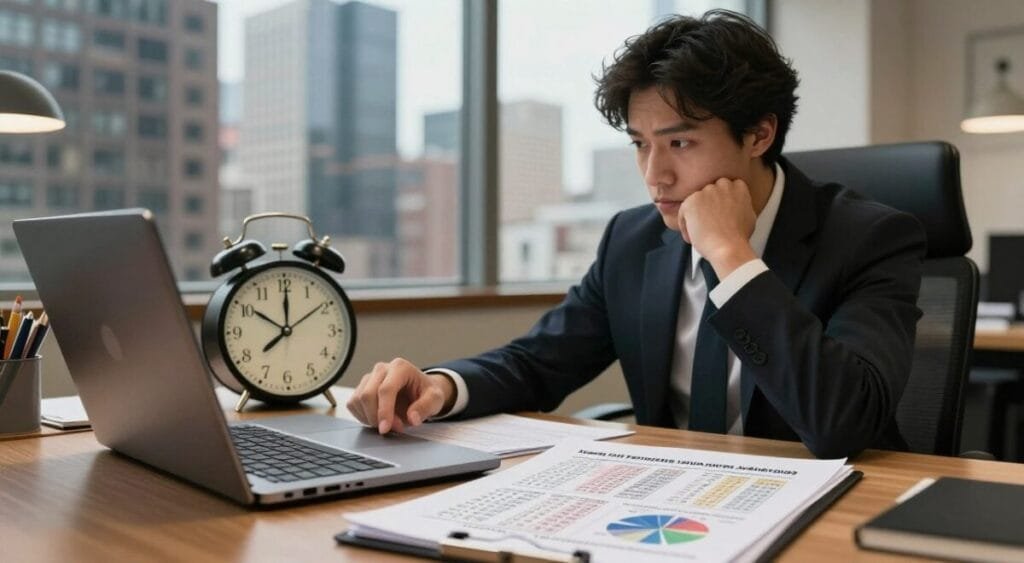 A thoughtful business professional seated at a desk with a laptop, analyzing data related to time investment and financial returns. In the foreground, a notepad filled with calculations and graphs about potential earnings from online surveys and test websites, symbolizing extra income opportunities. In the middle, a digital clock displays time management, emphasizing the balance between time spent and money earned. The background features a window overlooking a bustling cityscape, representing opportunities and economic growth. Warm lighting creates a welcoming atmosphere, while the focus is sharp on the professional’s concentrated expression. The entire composition evokes a sense of practicality and hope, inspiring readers to consider realistic financial expectations.