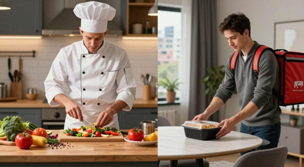 A vibrant split-image composition contrasting home cooking and food delivery. On one side, a cozy kitchen with a chef in professional kitchen attire, preparing a colorful, healthy meal with fresh vegetables and spices on a wooden countertop. The warm lighting highlights the textures of the ingredients, creating a welcoming atmosphere. On the other side, a modern dining room setting with a delivery person in neat casual clothing, placing a neatly-packaged meal on a table, surrounded by sleek, contemporary décor. Soft, ambient lighting sets a modern, convenient mood. The background features a blurred urban landscape visible through a window, symbolizing the hustle of city life. This juxtaposition conveys the themes of time and convenience in meal preparation.