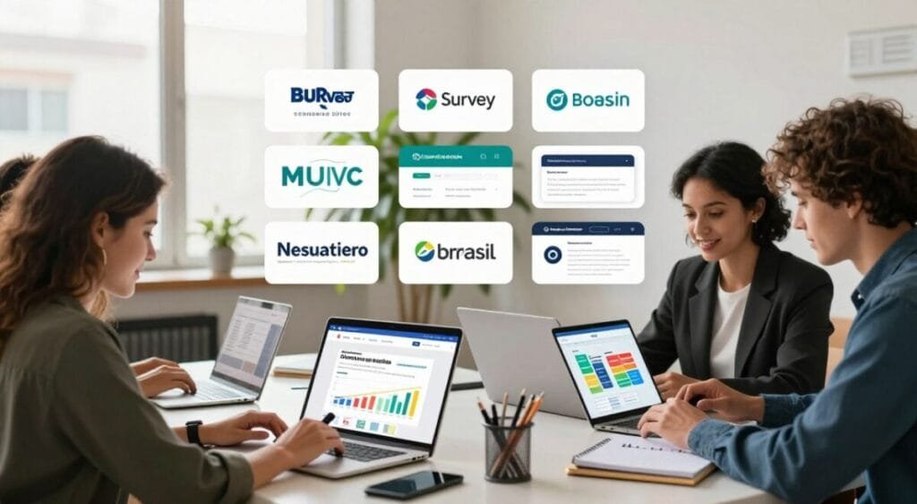 A visually engaging image depicting a series of top survey and research platforms in Brazil. In the foreground, show a diverse group of three professionals seated around a modern table, each engaged with a laptop displaying different research platforms. One person is using a smartphone to take notes, while another is demonstrating a colorful infographic about survey earnings. In the middle, include digital illustrations of various platform logos, arranged neatly in an inviting manner. The background features a bright, well-lit office space with large windows and plants, contributing to a professional yet relaxed atmosphere. Use warm, inviting lighting to highlight facial expressions and create an optimistic mood. Focus on clarity and organization in the layout, avoiding clutter while emphasizing professionalism.