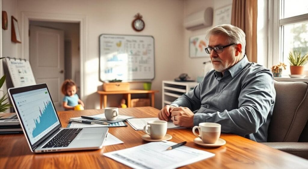 A warm, inviting home office setting focused on family financial management. In the foreground, a middle-aged couple sits at a wooden desk, surrounded by financial documents, a laptop open displaying graphs, and coffee cups. They are dressed in smart casual attire, exuding a sense of collaboration and focus. In the middle ground, a child can be seen playing quietly with toys, emphasizing a family-oriented atmosphere. The background features a whiteboard filled with financial notes and a wall clock, indicating the importance of regularity in reviews. Soft, natural light streams through a nearby window, creating a calm and productive mood. The angle captures the couple's engaged expressions, showcasing a serious approach to managing family finances.