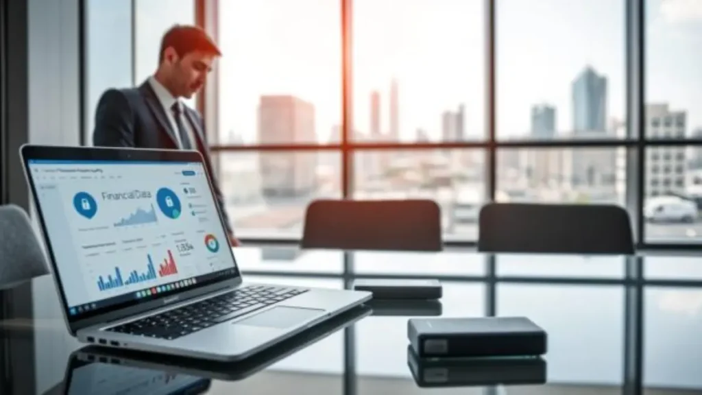Um ambiente de escritorio moderno com foco em seguranca de dados financeiros. Em primeiro plano um laptop elegante