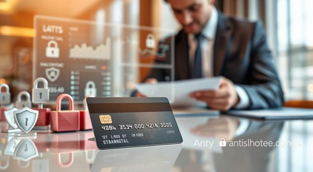 A close-up scene featuring a modern, sleek credit card in the foreground, positioned on a polished desk among various anti-fraud symbols like locks and shields, suggesting protection against fraud. In the middle ground, a sophisticated security software dashboard displays graphs and alerts related to card safety. The background includes a blurred image of a professional, well-dressed individual (in business attire) analyzing financial documents, giving a sense of diligence and security. Warm, soft lighting creates an inviting and positive atmosphere, while a shallow depth of field draws focus to the credit card and security elements. The overall mood conveys trust and assurance in financial protection measures.