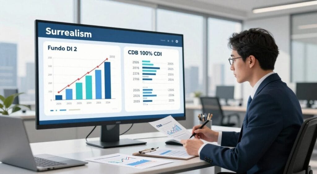 A detailed illustration of a financial advisor analyzing the differences between Fundo DI and CDB 100% CDI in a modern office environment. In the foreground, a professional in business attire is seated at a sleek desk, surrounded by financial reports and graphs showcasing interest rates and investment performance. The middle layer features a large digital screen displaying comparative charts, with a clear focus on 2026 projections, creating a high-tech atmosphere. In the background, soft natural light filters through floor-to-ceiling windows, illuminating a city skyline, symbolizing growth and opportunity. The overall mood is focused and analytical, emphasizing professionalism and clarity in investment choices.