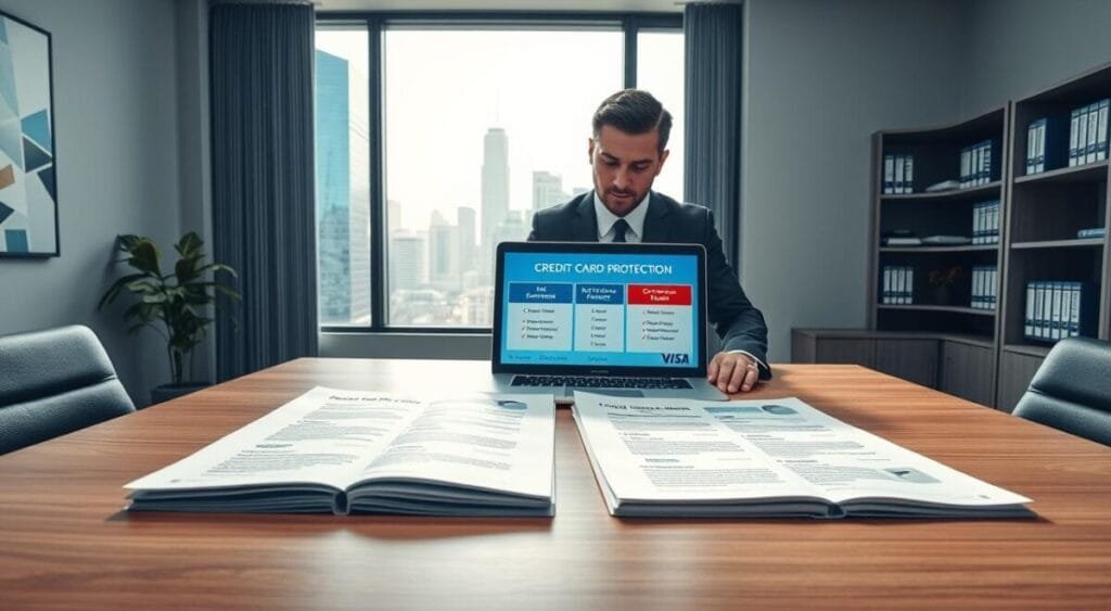 A professional and modern office setting with a large desk featuring open financial comparison documents. In the foreground, an executive in business attire is deeply focused on analyzing two distinct credit card protection plans displayed on a laptop screen. The middle layer shows a clear glass window revealing a city skyline under bright daylight, emphasizing a sense of optimism. In the background, neatly organized shelves contain books on finance, reinforcing the theme of financial planning and security. The room is well-lit with soft, natural light enhancing the atmosphere of professionalism and trust. The color palette is calm, with blues and grays, creating a serious yet inviting mood for a comparative analysis of financial protection options.