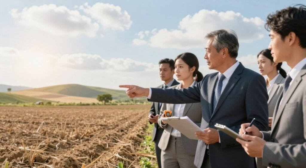 A professional and serene outdoor scene showing a diverse group of individuals, dressed in business attire, examining land for investment. In the foreground, a middle-aged man pointing at a plot of land, holding a clipboard with notes. Beside him, a woman taking measurements with a digital tape measure, while another person records observations on a tablet. The middle section features an expansive view of fertile land, with gentle hills and a few trees dotting the landscape, symbolizing rich potential for future development. In the background, a bright blue sky with soft, fluffy clouds and the warm glow of sunlight creating a hopeful atmosphere. The setting conveys a mood of opportunity and professionalism, ideal for evaluating land investments.