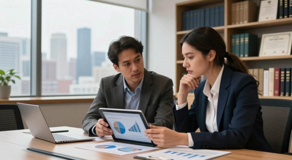 A professional office setting with a conference table in the foreground, where two diverse financial analysts, one male and one female, are engaged in a serious discussion about investment options. They are dressed in smart business attire, examining graphs and charts on a digital tablet. In the middle ground, a large window reveals a city skyline, symbolizing financial growth and opportunities. The background features shelves filled with financial books and certificates, creating an atmosphere of expertise and trust. Soft, warm lighting illuminates the room, with a focus on the analysts' expressions that convey determination and thoughtful consideration. The overall mood is serious yet optimistic, emphasizing the importance of informed investment choices.