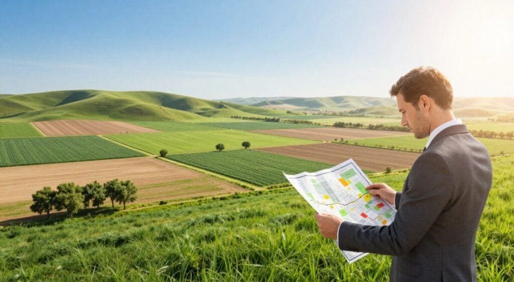 A serene landscape depicting a lush, green field divided into various plots of land, showcasing potential investment opportunities. In the foreground, a well-dressed business professional, a middle-aged man in a suit, analyzes a map with various land parcels marked; his expression is thoughtful but alert. In the middle ground, several land plots feature diverse landscapes, such as rolling hills, fertile farmland, and a small grove of trees, symbolizing the variety of investment options. The background reveals a clear blue sky, with the sun casting a warm, inviting light over the scene, creating a hopeful and optimistic atmosphere about future growth. The composition should be framed with a slight aerial perspective, highlighting the expansiveness of the land and potential.